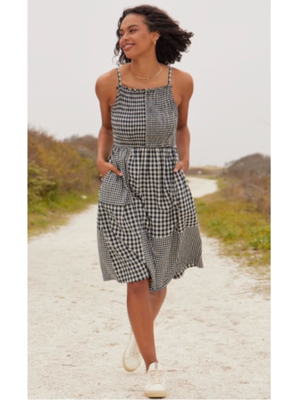NWT United by Blue Organic Smocked Patchwork Gingham Plaid Midi Dress Black XS